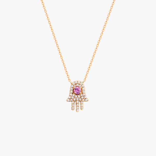 “Her Soul Is Royal” Hamsa Diamond Necklace with Pink Sapphire