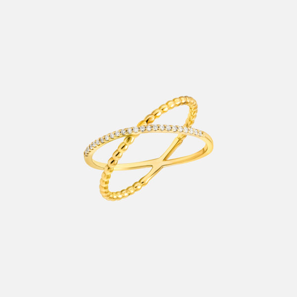 "She's Classy and Chic" Yellow Gold Diamond Crossed Line Ring